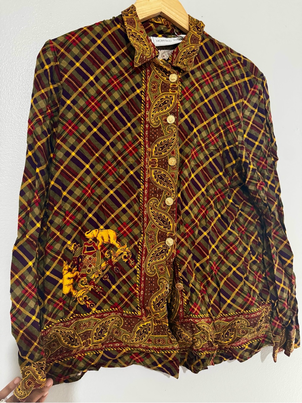 Vintage 90s Plaid Paisley Trim Elephants Detail Women's Button Up - Olive Multi